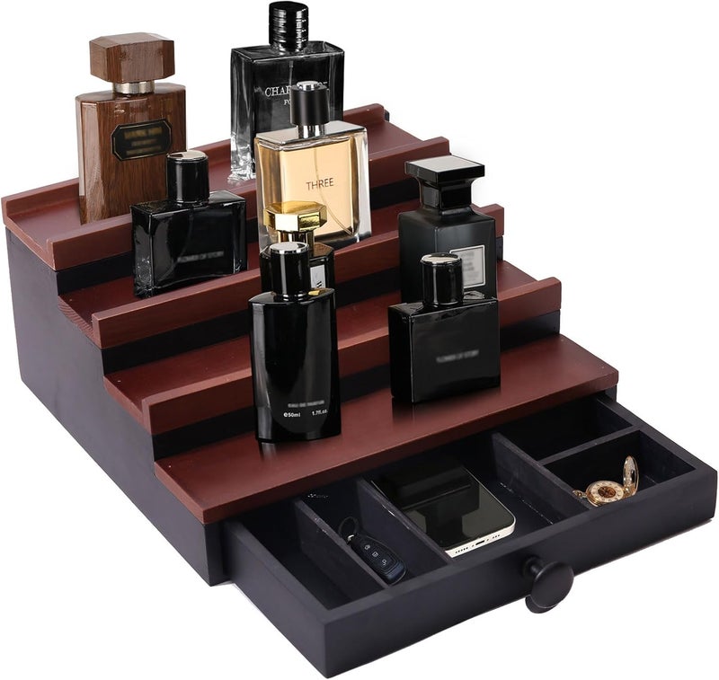 Fengligoo منظم عطور للرجال - حامل عرض عطور خشبي أسود من الجوز بأربعة مستويات مع درج وحيز مخفي، رف لحفظ العطور للرجال لتنظيم وتخزين، أسود من الجوز - Image 5